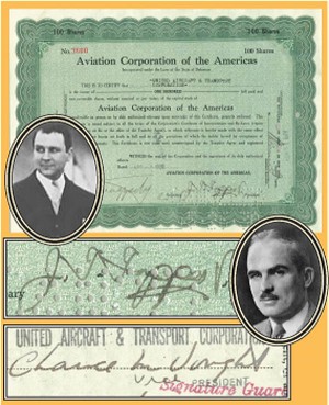 Aviation Corporation of the Americas Stock signed by Juan Trippe and Chance Vought